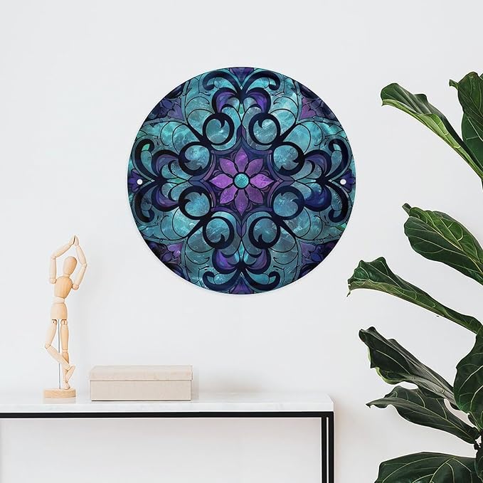 Wall Picture, with Stained Glass Pattern Printed Circular Iron Hanging Picture,Wall Art Decor,Home for Bedroom Living Room Bathroom Decor,Iron Painting 11.8X11.8 in