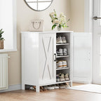 Farmhouse Shoe Cabinet with 2 Barn Doors & Wood Legs, 5-Tier Shoe Storage Cabinet with 3 Adjustable Shelves, Tall Shoe Rack Organizer for Closet, Shoe Organizer for Entryway, Hallway, White