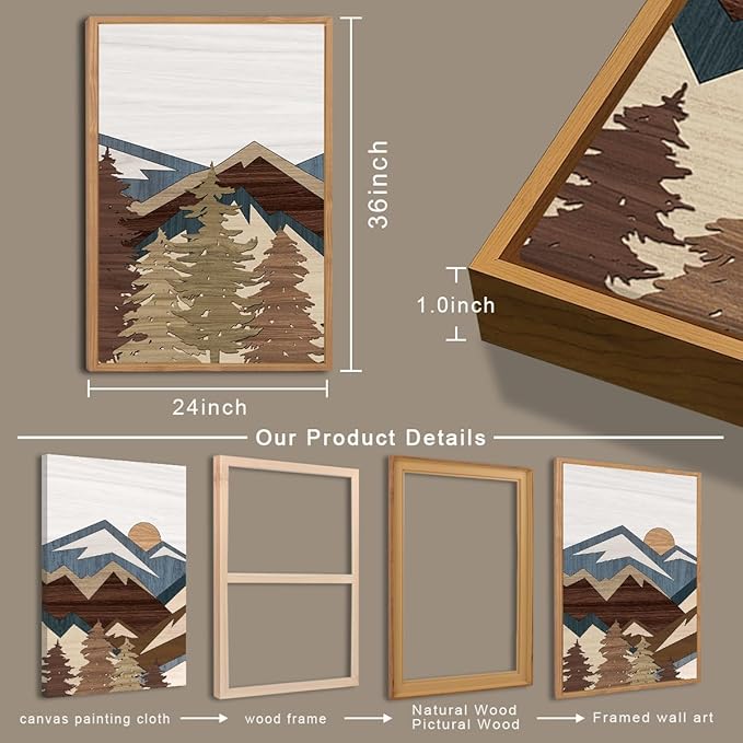 BINCUE Large Boho Mountain Wall Art Framed Mountains Wall Paintings Set of 3 Forest Mountain Sun Wall Decor Boho Landscape Artwork Rustic Mountains Art Prints for Living Room Bedroom Office Farmhouse 24x36 Inch Gift