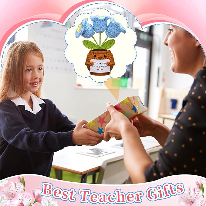 Wavwavw 3 Pack Teacher Appreciation Gift Positive Flower Handmade Crochet Doll Thank You for Helping Me Grow Gifts Back to School Gifts for Women Teacher(Bell Orchid)