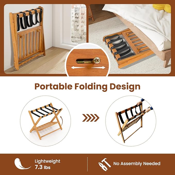 Goplus Luggage Rack for Guest Room Set of 4, Folding Suitcase Stand with Storage Shelf, Acacia Wood Frame & 5 Nylon Straps, Fully Assembled 27" Luggage Stand for Bedroom, Hotel, Holds up to 200 LBS
