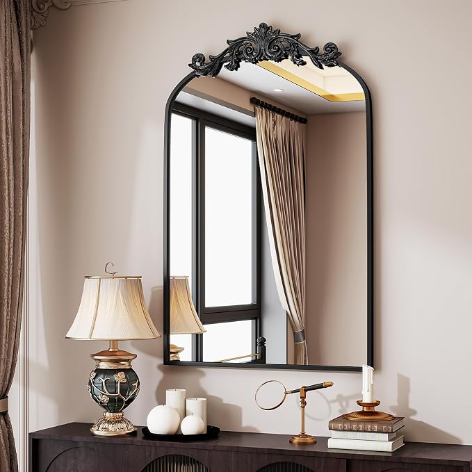 VooBang Vintage Arched Bathroom Mirror, 24x36 Inch Retro Wall Mounted Vanity Mirror with Carved Pattern Top and Metal Frame, Black Decorative Mirror for Hanging or Leaning