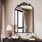VooBang Vintage Arched Bathroom Mirror, 24x36 Inch Retro Wall Mounted Vanity Mirror with Carved Pattern Top and Metal Frame, Black Decorative Mirror for Hanging or Leaning