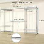 Ulif E1 Heavy Duty Closet Garment Rack, 6 Tiers Adjustable Metal Freestanding Expandable Clothing Storage with 4 Hanger Rods, Easy to Assemble Wardrobe, 71.4" H x (70" - 88.2") L x 14" D, Chrome