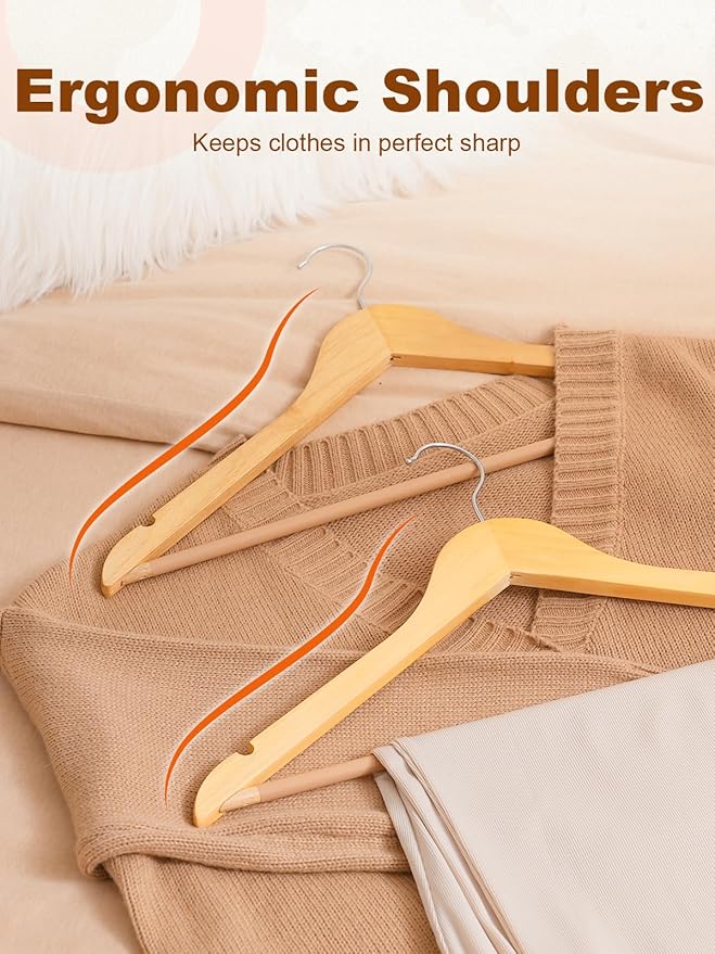 HOUSE DAY Bulk Wooden Hangers 80 Pack, Solid Wood Hanger with Non Slip Pant Bar, Heavy Duty Wooden Coat Hanger for Closet, Smooth Finish Wood Clothes Hangers for Shirts, Suits Jackets, Dress, Natural