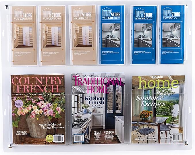 Displays2go 2-Tiered Acrylic Literature Wall Rack, Adjustable, Fits Brochures and Magazines - Clear (2RP6CLR)