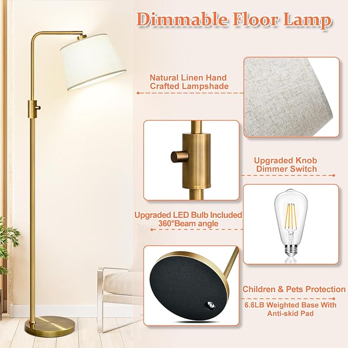 Nintiue Dimmable Floor Lamp, 1000 LM LED Edison Bulb Included, Arc Floor Lamps for Living Room Modern Standing Lamp Tall Lamps for Living Room Bedroom-Brass