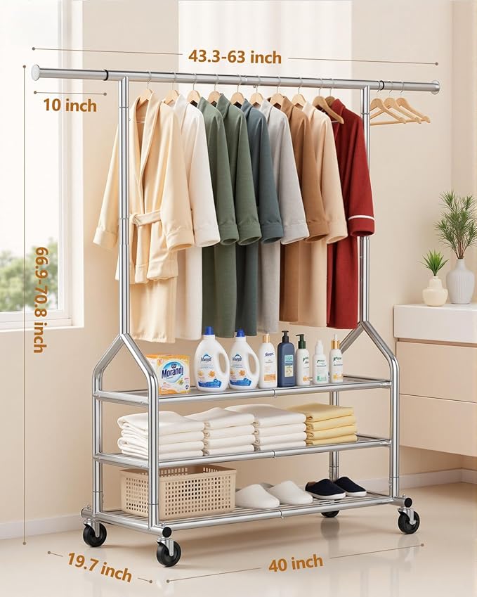 EAGMAK Heavy Duty Clothes Rack Load 686 LBS, Rolling Clothing Rack with 3 Shelves, Height Adjustable Metal Coat Rack, Portable Garment Closet Wardrobe Organizer with Wheels for Hanging Clothes, Silver