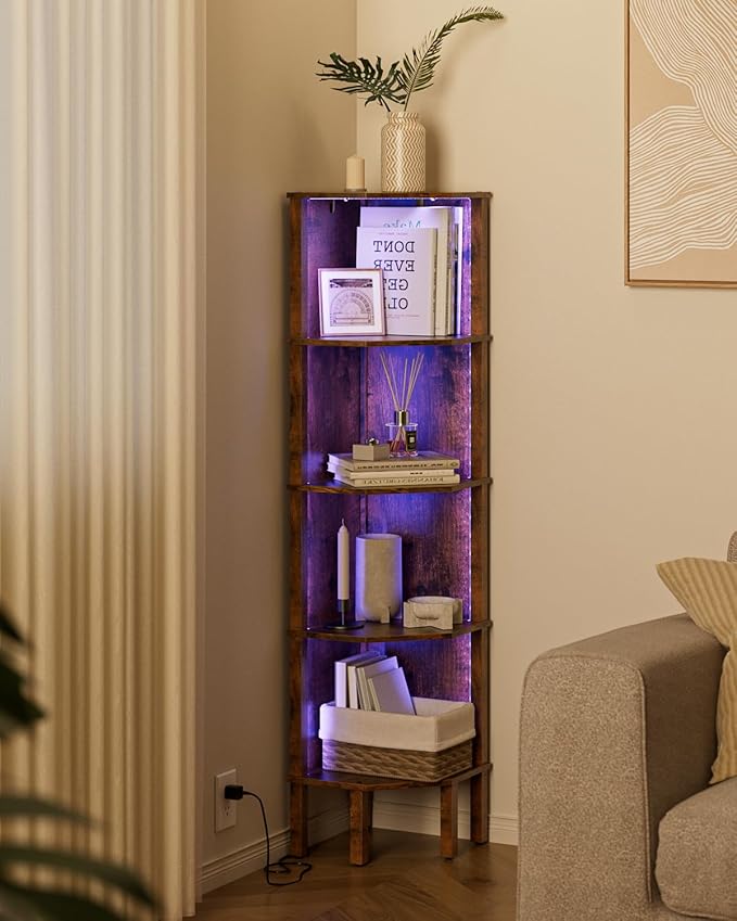 Corner Shelf Stand, 5 Tier Corner Bookshelf,Corner Furniture for Bedroom Display Corner Shelf for Small Space,Wood Shelves with Storage Rack for Living Room,Office, Rustic Brown