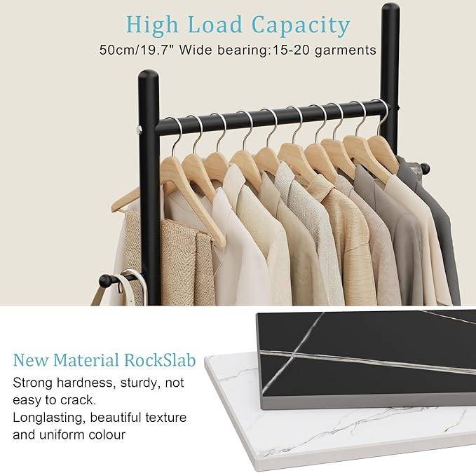 Nianerfaya Clothes Rack with 2 Hooks, Standing Garment Storage for Indoor - Clothing Rack for Hanging Clothes for Bedroom - 19.7" Wide Garment Rack Metal Clothing Hanger Rack (Black)