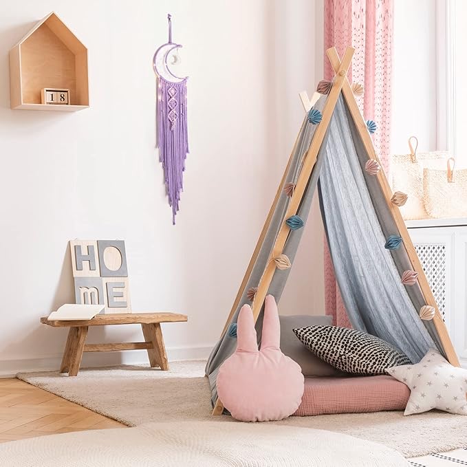 Boho Macrame Woven Wall Hanging for Girl, Crochet Crescent Moon Star Dream Catcher with Light, Purple Cotton Handmade Bohemian Home Decor Decoration for Kids Nursery Bedroom Dorm Room