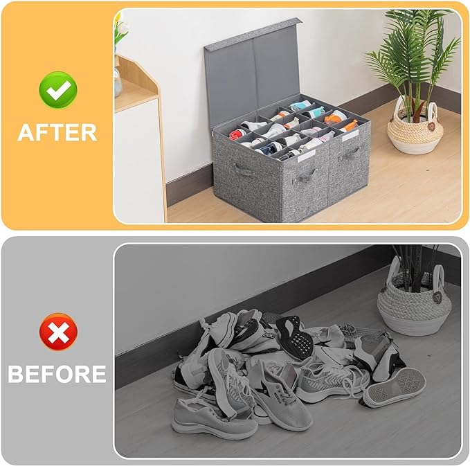 Shoe Organizer for Closet Fits 16 Pairs, Large Shoe Storage Box Bins Containers with Lid and Adjustable Dividers for Shoes, Sneakers and High Heeled, Hard Shell and Stackable (Grey)