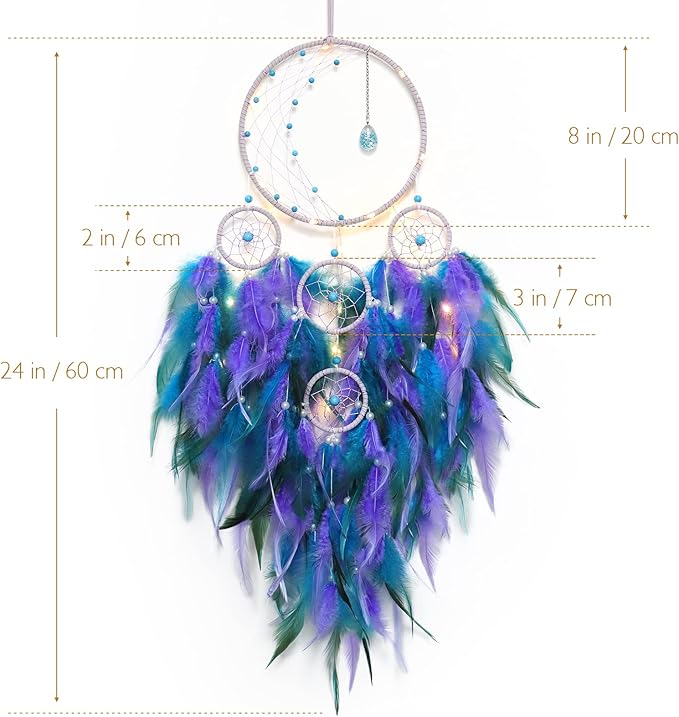 KHOYIME LED Light Up Dream Catcher Half Circle Moon Decor with Lights Handmade Feather Dreamcatchers for Bedroom Bohemian Home Decor Wedding Ornament Craft Gift (Purple&Blue)