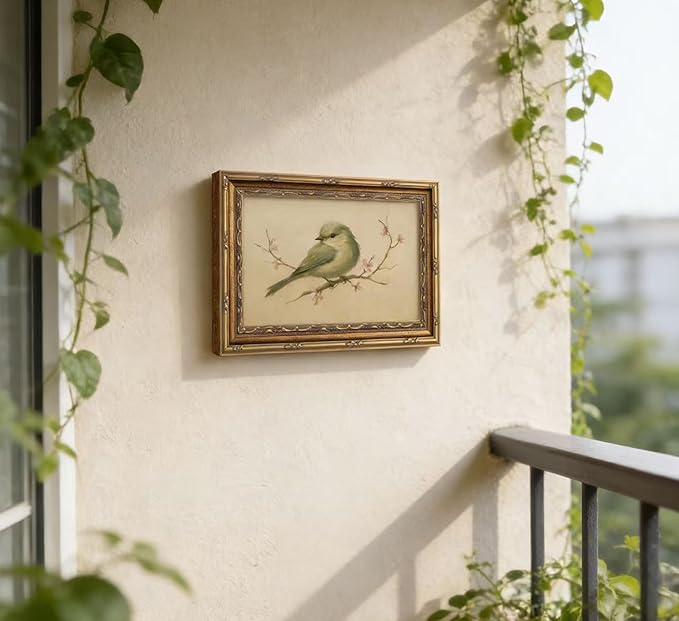 Vintage Gold Framed Wall Art Spring Bird Oil Painting Canvas Print Watercolor Cherry Blossom Picture Wall Decor Rustic Farmhouse Beige Floral Poster Artwork for Nursery Living Room Bedroom