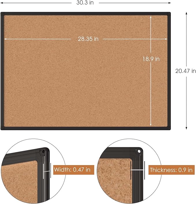 Cork Board Bulletin Board 20 x 30, Black Aluminium Framed Corkboard, Office Board for Wall Cork, Large Wall Mounted Notice Pin Board with 16 Push Pins for School, Home & Office
