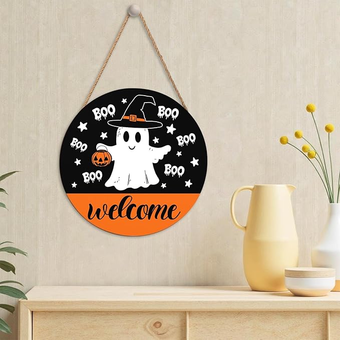 Halloween Door Decorations Cute Halloween Ghost Wreath Welcome Hey Boo Wood Hanger 12x12 Inch Farmhouse Holiday Wall Hanging Decorations for Home Porch Indoor Outdoor Party Supplies