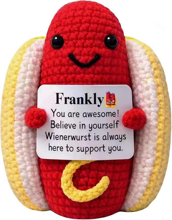 Hot Dog Crochet Gifts Cute,Funny Gag Birthday Gifts Men Women Emotional Positive Coffee Potato Hotdog Gift Plush Toy for Mom dad Christmas Friend Coworker Sister