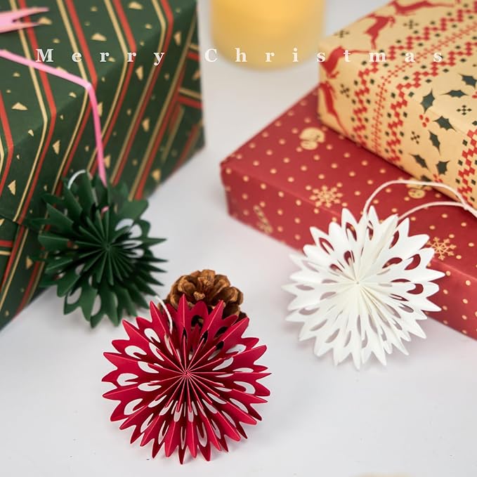 EASY JOY Red White Green Christmas Hanging Decorations - 9Pcs 3D Christmas Tree Paper Hanging Decor Snowflake Ornaments Christmas Decorations Outdoor Indoor for Xmas Party New Year Window Door