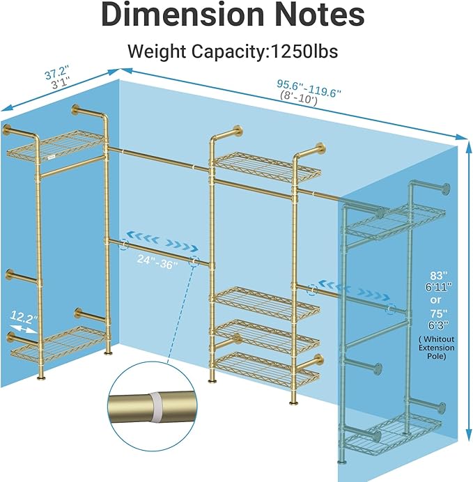 Timate U5 Expandable Wall Mounted Clothes Rack, Walk in Closet, Heavy Duty Industrial Pipe Clothing Rack with 4 Expandable Hanger Rods & 8 Adjustable Shelves, Fits Spaces 8'- 10', Gold