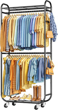 Stylish Clothes Rack - Rust-Proof Clothing Rack with Shelves, Hangers, Removable Hooks, Anti-Tip Wardrobe Closet with Lockable Wheels & Wall Anchor for Bedroom, 33.0" x 12.6" x 78.7", Black