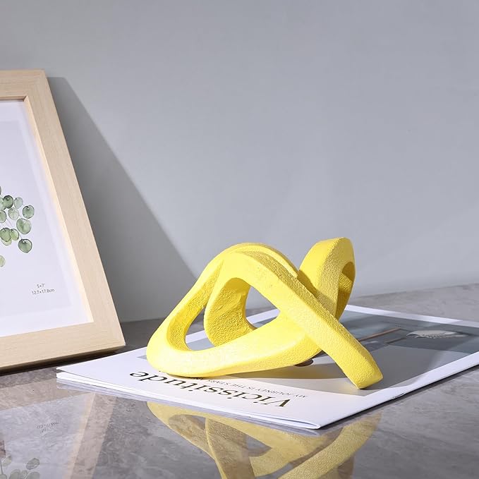 LCCCK Infinity Knot Sculpture Yellow Knot Decor Object, Abstract Knick Knacks Coffee Table Modern Statue, Yellow Sculpture for Home Living Room Table Ornaments and TV Stand Bookshelf Decorative