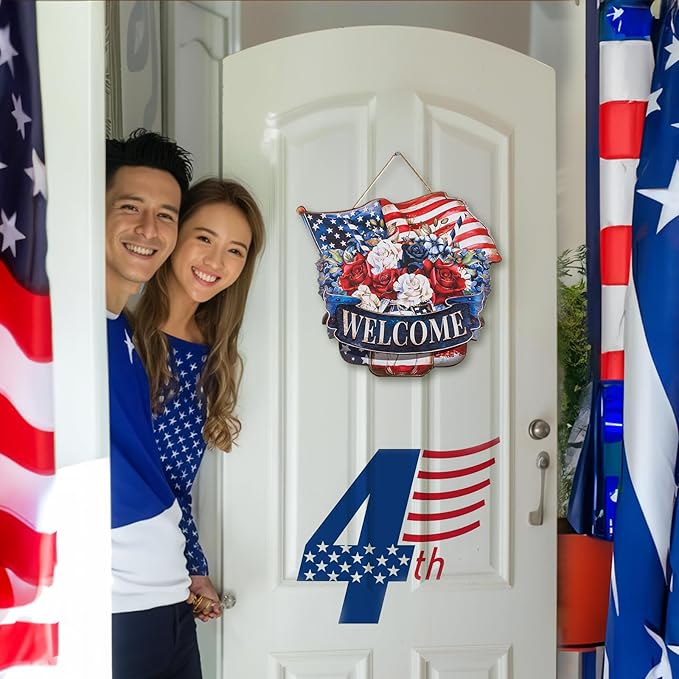 4th of July Decorations for Door: Fourth July Memorial Day Sign Patriotic Wreath Outdoor 12" Red White and Blue Decor Metal 250 Anniversary USA Large Wall Hanging Independence Vintage for Outside Indoor