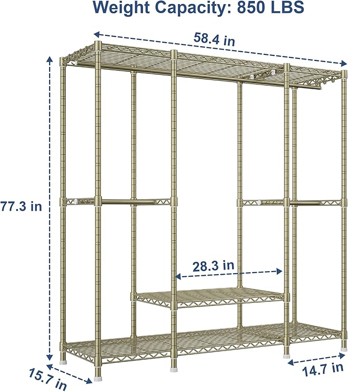 Ulif E3 Heavy Duty Garment Rack, 4 Tiers Freestanding Closet Organizer System with 5 Shelves, Metal Closet Organizer and Storage System for Clothes, Max Load 850lbs, 58.4" W x 15.7" D x 77.3" H, Gold
