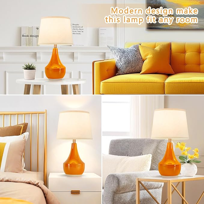 GyroVu 18" Table Lamp Set of 2, Ceramic Lamp Classic Beside Lamps Nightstand Lamp Modern Table Lamp for Living Room, Bedroom & Office Rocker Switch Orange-LED Bulbs Included