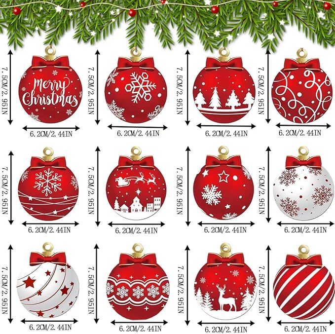 12Pcs Red and White Christmas Ball Design Hanging Wooden Ornaments Set - Festive Winter Holiday Tree Decorations with Merry Christmas Snowflakes, Reindeer, Santa Designs