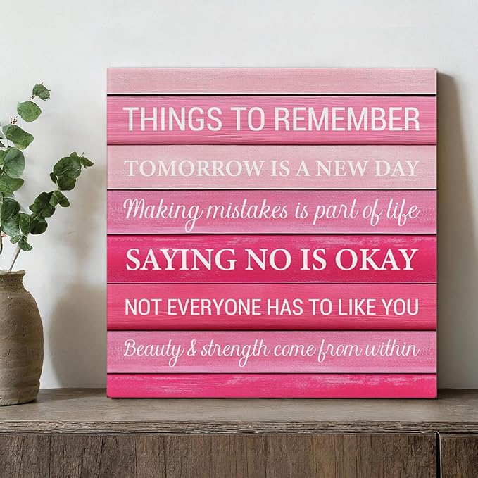 Inspirational Pink Wall Art Decor, Preppy Motivational Room Sign, Pink Positive Canvas Posters Art Work for Home Office Bedroom Living Room Kitchen Bathroom (8 X 8 Inches, Framed)