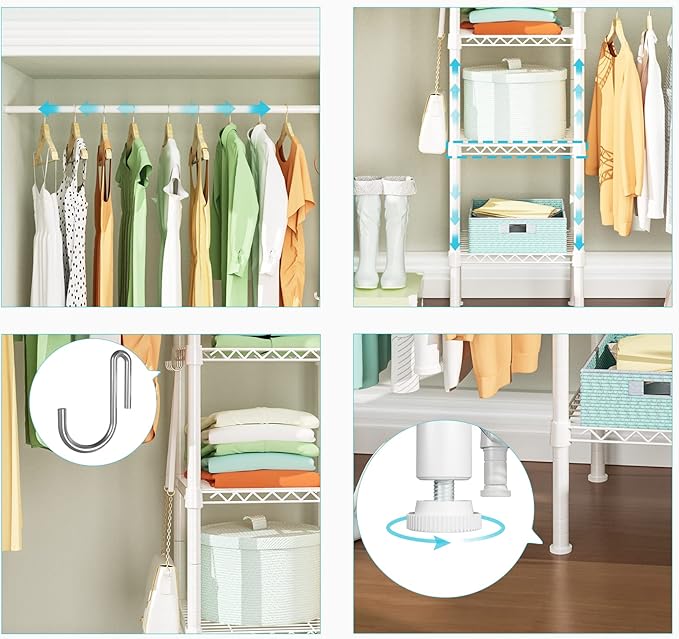 Ulif M1 Closet Storage Organizer System, 6 Tiers Heavy Duty Metal Garment Rack with 3 Expandable Hanger Rods, Wall Mounted Space Saver Suits from 5.4-8.7 ft. Width, 71.2”H x 14”D, 700LBS, White