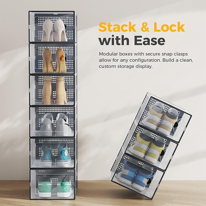 NEWBULIG 24 Clear Shoe Storage Boxes, Shoe Organizer for Closet with Lid, Plastic Stackable Breathable Shoe Cabinet with Lid for Sneakers, Heels & Boots, Black