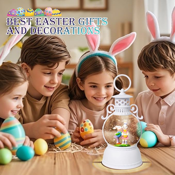 Easter Snow Globe Lantern, 9.4" Bunny Couple Lighted Snow Lantern with 6-Hour Timer, Battery or USB Powered, Spring Easter Decorations for Home, Easter Gift & Indoor Decor