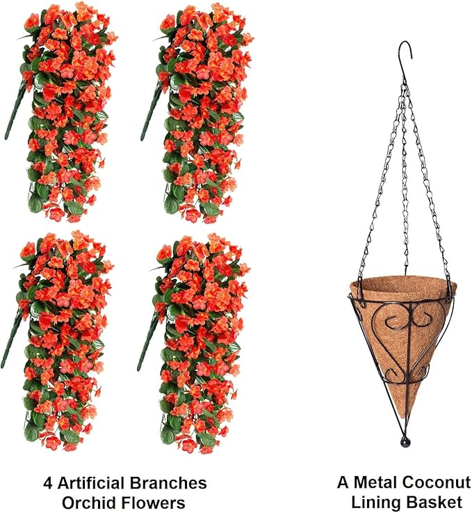 Artificial Fake Fall Hanging Flowers Plants Baskets for Outdoor Outside, Faux Silk Autumn Orange Daisy Mums Trailing Vines in Planter Realistic UV Resistant for Balcony Porch Decor