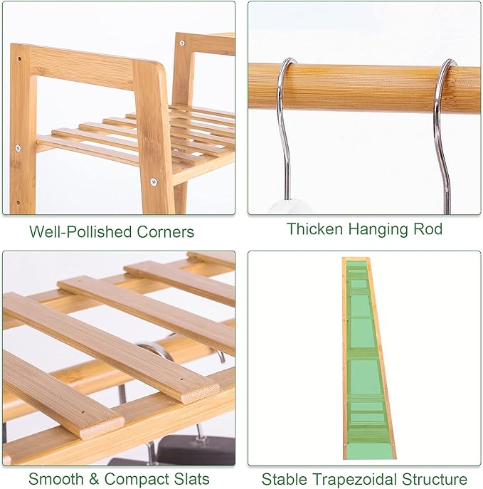 Bamboo Clothes Rack with 7 Tier Storage Shelves Clothing Hanging Stand for Small Spaces Children's Wardrobe Closet, Multifunctional Plant Stand