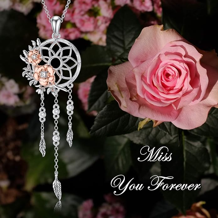 Dream Catcher Pendant Necklace 925 Sterling Silver Synthetic Moonstone Crystal Sunflower Rose Flower Evil Eye Dreamcatcher Cremation Jewelry Gifts for Women Wife Mom