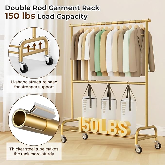 MISSLO Heavy Duty Clothes Rack for Hanging Clothes Rolling Clothing Rack Heavy Duty on Wheels for Coat, Garment, Gold(Double Rod)