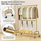 MISSLO Heavy Duty Clothes Rack for Hanging Clothes Rolling Clothing Rack Heavy Duty on Wheels for Coat, Garment, Gold(Double Rod)