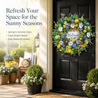 Spring Summer Wreaths for Front Door 24 Inch,Summer Wreath with Artificial Lemon,Daisy,Hydrangea & Lotus Pods,Door Wreath for Indoor Outdoor Farmhouse Home Decor