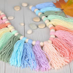 3 Pack Pastel Rainbow Tassel Garland Decorations, Boho Tassel Garland with Wood Beads Colorful Pom Pom Banner Rainbow Wall Hanging Decor for Classroom, Party, Kids Room, Nursery, Baby Shower