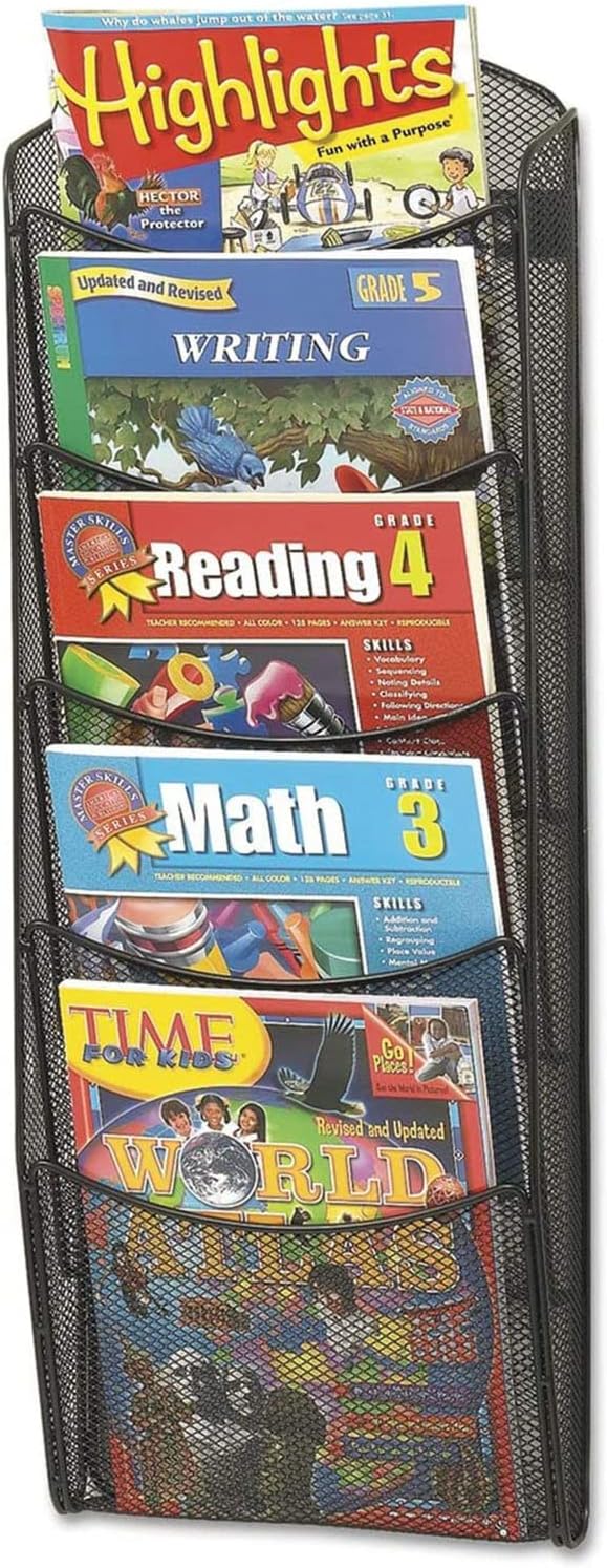 Safco Mesh Magazine Holder, 5 Pocket Wall Mount Display Rack, Brochure Organizer, Durable Steel Construction, 5lb Capacity, Black
