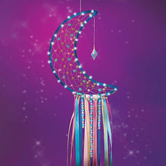 Make It Real: Lunar Dream Catcher with Lights - 131pc DIY Décor Craft Kit, Blue-Gold-Pink, Moon-Shaped, Fairy Lights-Yarn-Ribbon, Tweens-Girls-Kids 8+