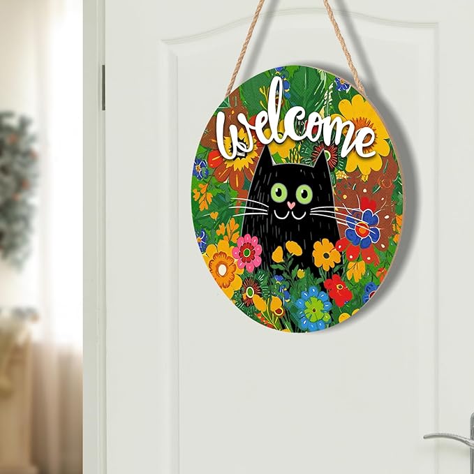 Welcome Spring Summer Black Cat Sign for Front Door Decor Spring Flowers Door Hanger for Outdoor Outside Porch Seasonal Summer Farmhouse Wooden Wreath Colorful Wall Hanging Decoration 12"x12"