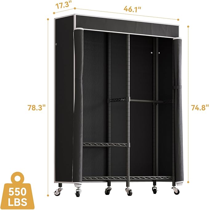 H9 Garment Rack with Cover, Heavy Duty Clothing Rack for Hanging Clothes, Portable Closet with wheels, Wardrobe Closet with Adjustable Shelves, Black Rack Shelf with Black Fabric Cover