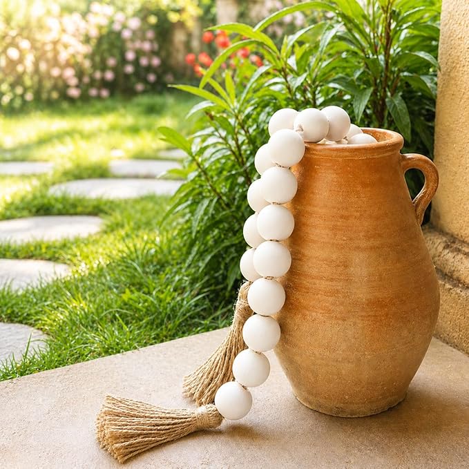 OMISHE 50" Long Extra Large Wood Bead Garland with 1.6" Diameter Wooden Beads and Tassels, Rustic Farmhouse Country Decorative Beads for Home Tiered Tray Decor, White