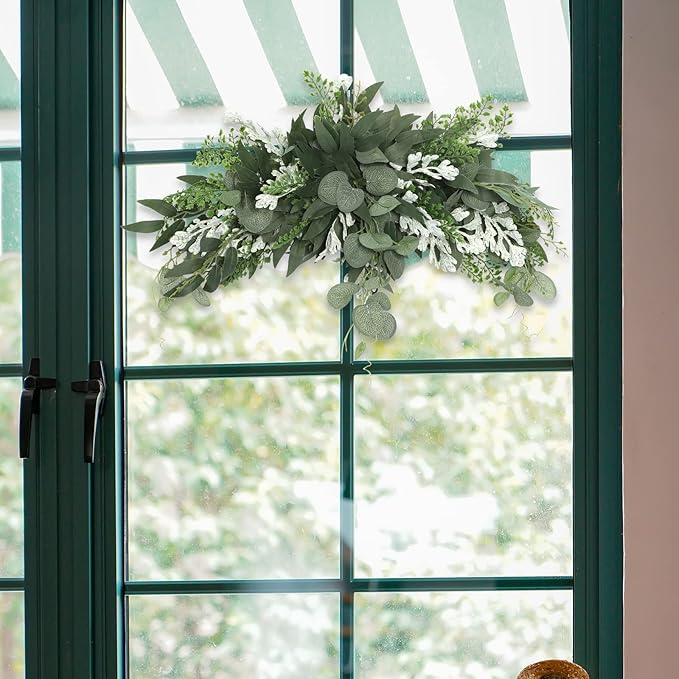 TITA-DONG Artificial Floral Swag, Decorative Swag with Eucalyptus Leaves, Greenery Swag, Spring Front Door Wreath, Handmade Farmhouse Floral Garland for Table Centerpieces Home Decoration(Green)