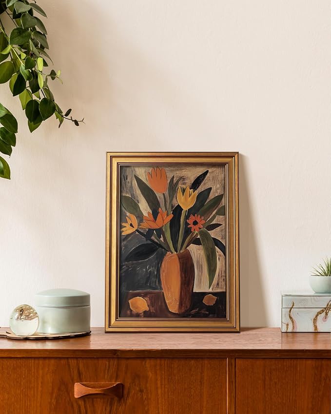 VIYYIEA Vintage Gold Framed Wall Art for Living Room, Flowers Canvas Prints Home Decor, Oil Painting Picture, Bedroom Wall Decor Gifts for Friends or Family -【Tulip and Lemon】-(16L x 12W)