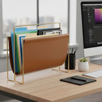 MyGift Magazine Holder Magazine Rack Floor 15-Inch Modern Brown Leatherette & Brass Plated Metal Floor Standing Faux Leather Sling Style Newspaper Rack for Home, Bathroom, Office Decor