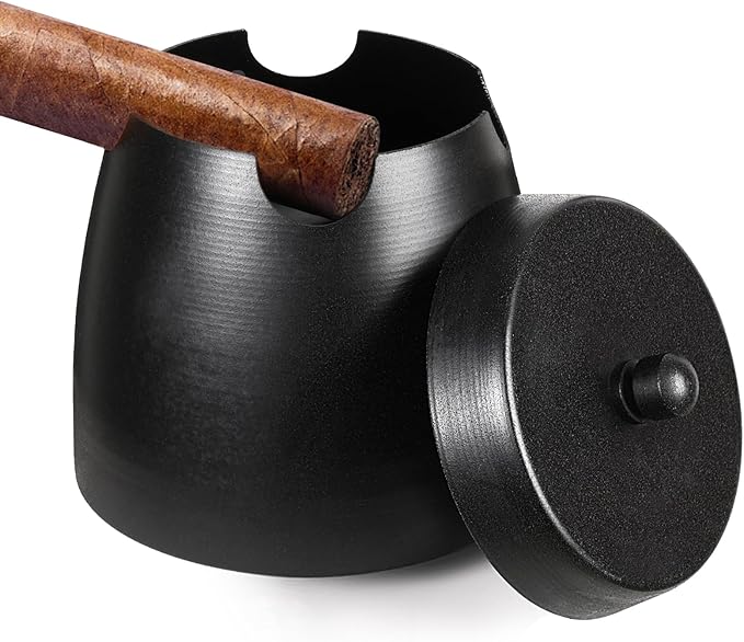 Cigar Ashtray with Lid for Outdoors Indoors Outside Patio Home Black Decor,Large Holder Ash tray Windproof,Cigar Accessories Gift for Men Dad Husband Boyfriend (Small)