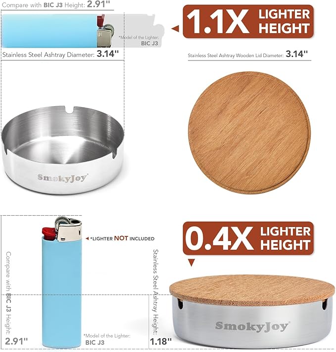 Ashtray with Lid for Outside Patio, 2 Pack Windproof Ash Tray, Silver Stainless Steel Smokeless Ashtray for Outdoor Home Office Tabletop Patio Outdoor Balcony, Small